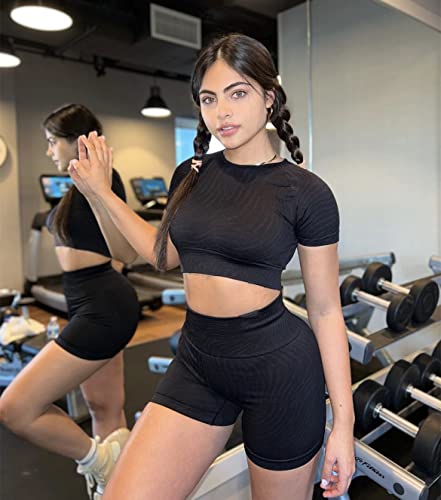 Women Zebra Print Seamless Workout Sets Gym Yoga Short Sleeve Crop Top And High Wasit Biker Short Sets Matching 2 Pieces Exercise Outfits Activewear Zabra Print Black M #TOP2