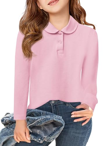 Haloumoning Girls Long Sleeve Polo Shirts Kids Peter Pan Collar School Uniform Shirts Cute Tops 5-14Y Light Pink