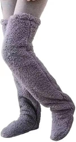 NICEYEA Calze invernali da donna calde al ginocchio calze spesse in peluche calze pelose extra lunghe scaldamuscoli manica coscia stivali alti calzini da notte, Grigio, Taglia unica