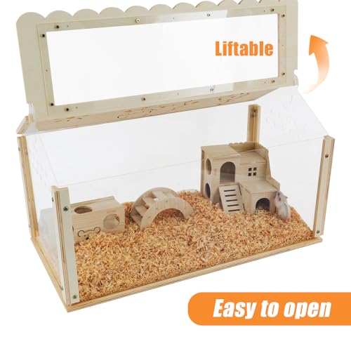 Hamster cage Wooden with Acrylic, Dwarf Hamster cage, Small Animal Habitat with Openable Top, Mouse cage for Guinea Pigs, Chinchillas, Gerbil, Syrian Hamster (24inch)
