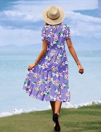 Image of YESNO Women's Summer Causal Puff Short Sleeve Smocked Dress Elastic Waist Tiered Midi Dress with Pockets EP2