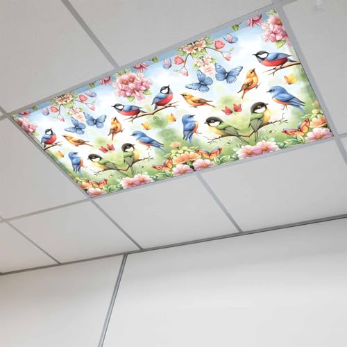 Spring Floral Fluorescent Light Covers Cartoon Pair Birds Romantic Butterfly Pink Flowers Magnetic Light Filters Ceiling Lighting Panel Shade for Classroom Office Home 2 x 4 ft, 1 Pack