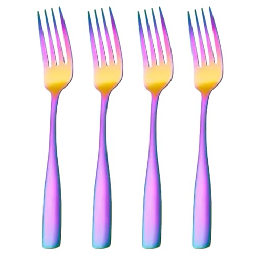 Image of 7.7 inch Rainbow Dinner Forks Set of 4 - Food-Grade 18 /8 Stainless Steel Silverware, Durable Mirror Polished Metal Forks, Dishwasher Safe, Perfect for Home, Restaurant, and Gifting
