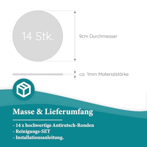 AnTina TAPES® Premium Anti-Rutsch-Aufkleber als Pads für Dusche & Badewanne | Badematte Duschmatte | Sticker Zertifiziert rutschhemmend & selbstklebend | 14 Stück 9 cm (ø) Transparent
