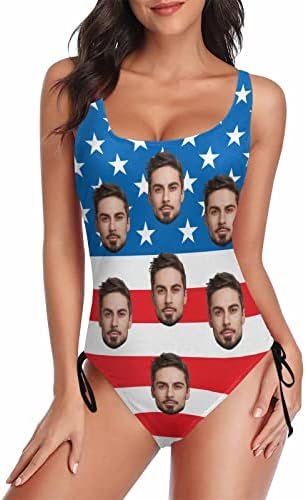DIYKST Custom Face on American Flag Sexy Women's One Piece Swimsuits Personalized Novelty Swimwear Bathing Suit