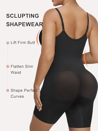 SHAPERX Shapewear Bodysuit Bauchkontrolle Nahtlos Body Shaper Mid-Thigh mit Reißverschluss & Haken Verstellbare Träger Figurformend für Alltag & Party, UK-SZ5862-Black-L/XL