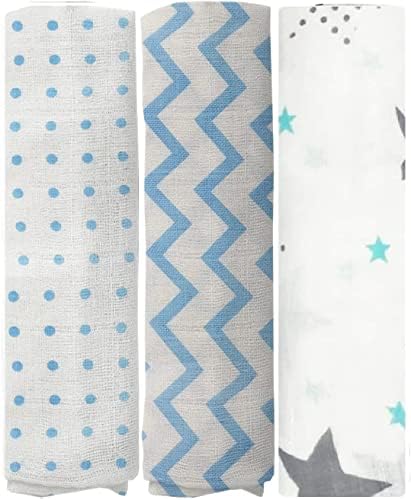 100% Muslin Swaddle Blankets,Baby Swaddling Blankets for New Born, Baby Receiving Blankets Unisex, Soft, Warm and Cosy Baby Blankets Pack of 3, Size 47 x 47 inches,Gift for New Mom Stoz Blue