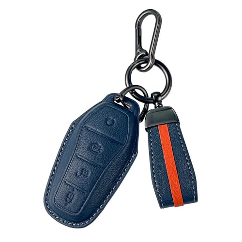 Image of Keyzone Royal Leather Car Key Cover with Keychain for BYD Seal and Atto 3 smart Key (Celestial Blue)