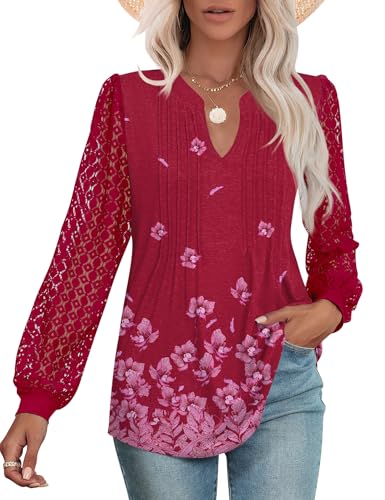 Micoson Womens Lace Long Sleeve Tops V Neck Pleated Blouses Dressy Casual Work Shirts