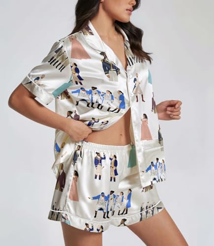 Image of Women 2PCs Satin Pajama Set Short Sleeve Silk Feel Gift Sleepwear | Soft stretch satin; relaxed comfort fit sizes S-3XL for sleep & lounge; short sleeve top, elastic waist shorts; easy care