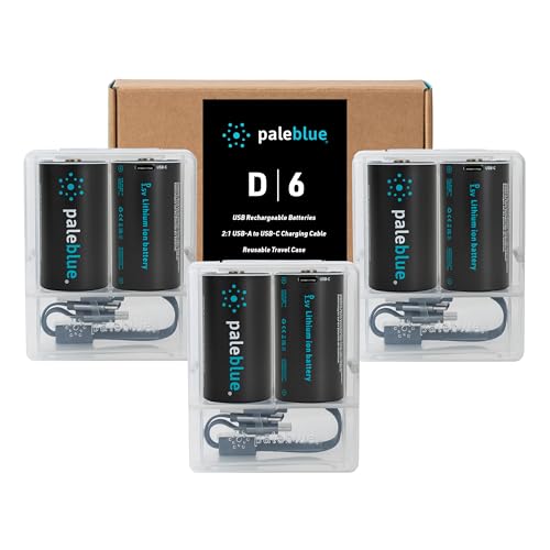 Rechargeable D Batteries with USB Charger by Pale Blue, Lithium Ion 1.5v 5000 mAh, Charges Under 6.9 Hours, Over 1000 Cycles, 2-in-1 USB to USB-C Charging Cable, LED Charge Indicator, 6-Pack