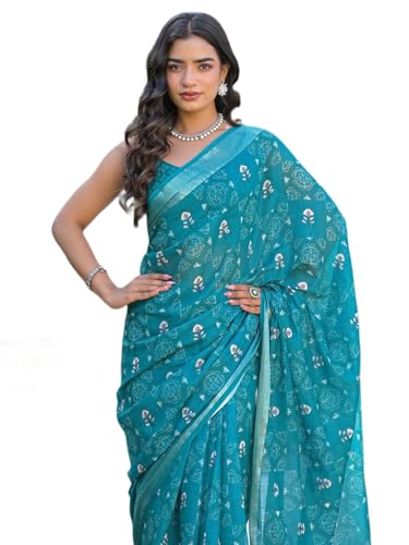 Image of SIRIL Women's Printed Cotton Saree with Unstitched Blouse Piece