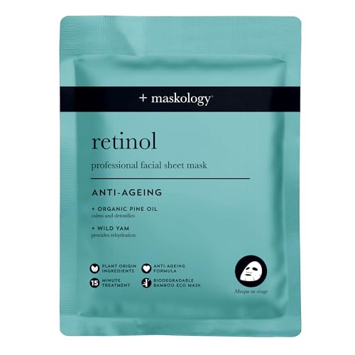 MASKOLOGY RETINOL Professional Sheet Mask Pack of 1 | Seaweed Kelp Anti Aging Sheet Face Masks | Organic Pine Oil & Wild Yam | Face Masks Skincare | 100% Plant Based |