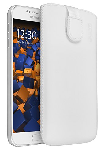 mumbi Bolso de Cuero Real Compatible con Samsung Galaxy S6 / S6 Duos, (Pestaña con función de retracción, Auxiliar de extracción), Blanco
