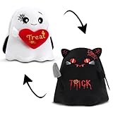 Finebee Halloween Ghost Stuffed Animals Hold Heart, Cute Reversible Ghost + Black Cat Plush with A Dagger, Halloween Party Gifts for Boys and Girls