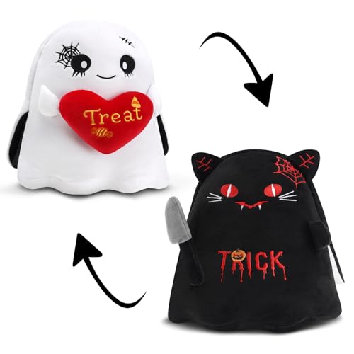 Finebee Halloween Ghost Stuffed Animals Hold Heart, Cute Reversible Ghost + Black Cat Plush with A Dagger, Halloween Party Gifts for Boys and Girls