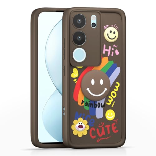 Image of Pikkme Back Cover for Vivo V29 5G / V29 Pro 5G | Soft Silicone| Cute Rainbow Smile & 3D Cartoon Flower Design | Shockproof Raised Camera Protection Bumper Case (Brown)