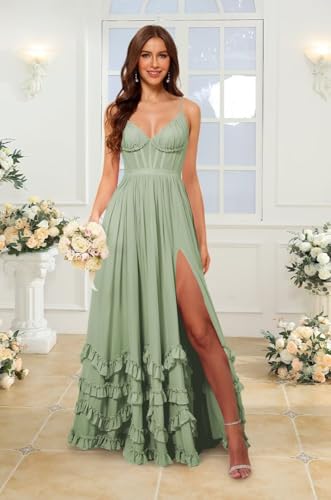 Women's V Neck Chiffon Bridesmaid Dresses Long Ruffle Maxi Formal Evening Dress VS2204
