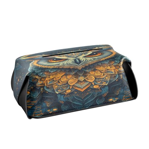 Quteprint Rectangle Leather Tissue Box Cover Holder, Ethnic Animal Owl Tissue Box Holder, 9.4x5.1x3.6 inch Decorative Facial Tissue Case for Home, Office, Car, Bathroom, Desk, Tabletop