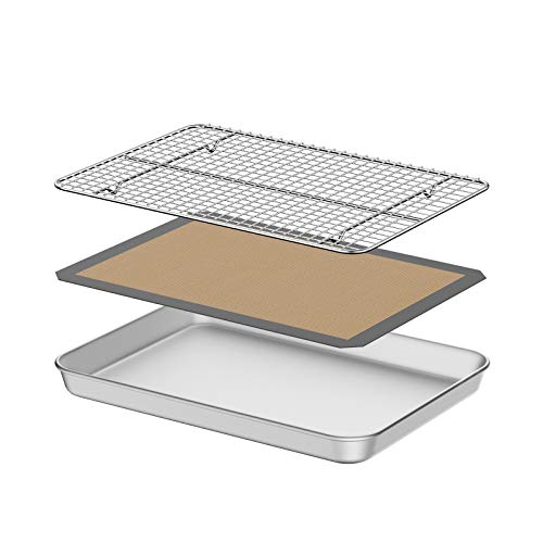 Umite Chef Backblech mit Silikonmatte, 22,9 cm, Backform, ungiftiges Silikon-Backmatte und Edelstahl-Kühlrost, robust und leicht zu reinigen Cover