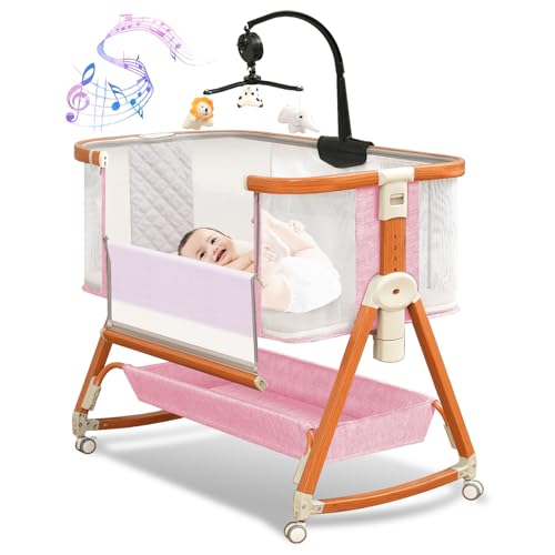 Image of 3 in 1 Bassinet,Baby Bassinets Bedside Sleeper with Musical Toy,Adjustable Height Bedside Bassinet for Baby with Wheels and Storage Basket,4-Sided Mesh Bedside Crib for Newborn 0-6 Months (Pink)