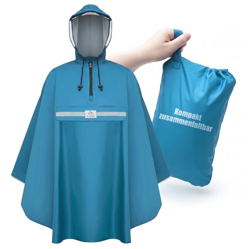 RainRider Regenponcho (Horizont Blau) Regenponcho blau für's Fahrrad, Regenbekleidung mit Kapuze inkl. Sichtfenster, Regencape Fahrrad inkl. Reflexionsstreifen - Regenmantel Männer und Frauen