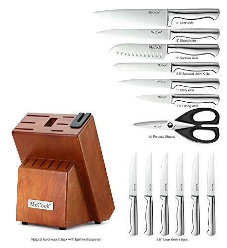 McCook MC29 Knife Sets,14 Pieces German High Carbon Stainless Steel Hollow Handle Self Sharpening Kitchen Knife Set with Hardwood Block