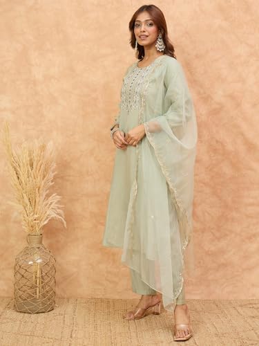 Image of Varanga Women -Thread & Sequin Embroidered Yoke Kurta With Trouser & Scallop Dupatta