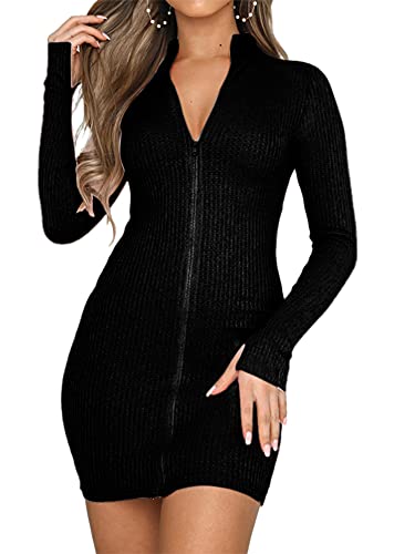Colisha Mini robe moulante à manches longues et fermeture éclair intégrale pour femme - Col haut - Coupe ajustée - Grande taille, Noir , XL Cover