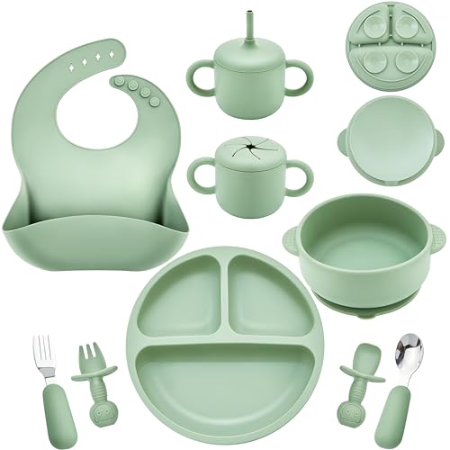 Image of Bufims Silicone Baby Feeding Set, Baby Led Weaning Supplies, Eating Essentials Utensils with Suction Plate and Bowl, Pocket Bib, Sippy Cup with Lid, Forks Spoons Snack Container, for 6+ Months, Green
