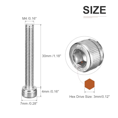 DTGN M4x30mm Socket Head Cap Screws Bolts, 50Pcs 304 Stainless Steel 18-8, Metric Machine Hex Socket Screw, Hex Drive - Image 2