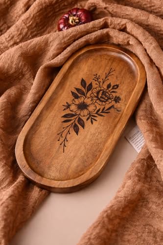 Image of Wooden Jewelry Tray, Oval Shape, L x B x H = 10 x 5 x 0.5 Inch Floral Design, Natural Wood Finish, Organizer for Rings, Necklaces, Earrings And Snacks Serving (Flower 4)