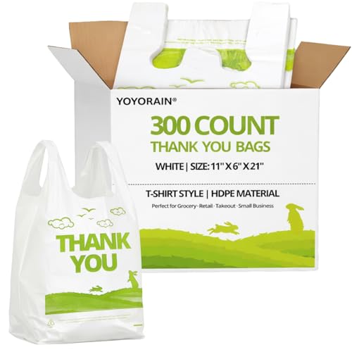 Image of YoYoRain 300 Count White Thank You T-Shirt Bags, 11 x 6 x 21 in | Durable HDPE with handles, Thank You print, disposable carryout sacks for grocery, retail and takeout
