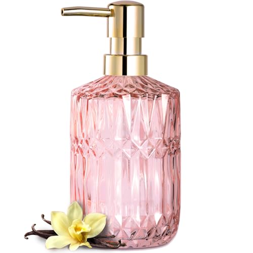 EMPO Clear Glass Soap Dispenser with ABS Plastic Pump Crystal Lotion Dispensers for Kitchen Sink Bathroom (Light Pink)