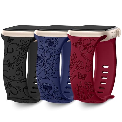 Ya en manzanajugosa.com: AMSKY 3 Piezas Grabado Floral Compatible con Correa Apple Watch 40mm 44mm 42mm 46mm 41mm 45mm 38mm 49mm Mujer, Correa de Silicona Compatible con iWatch Series 11 10 9 8 7 6 5 4, SE 3 2 1