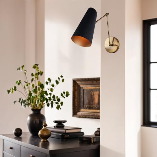 Image of Elegant Articulating Mid-Century Modern Metal Bedroom Reading Wall Scocne | Multi-Color Available, Streamlined Design Metal Wall Light for Living Room, lounge Room, (Brass Pole with Bronze)