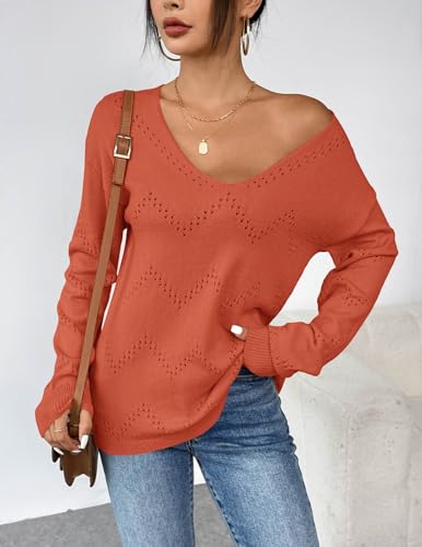 Image of Zeagoo Womens Sweaters Fall Trendy Casual Long Sleeve Shirt Lightweight V Neck Off Shoulder Crochet Pullover Top Outfit