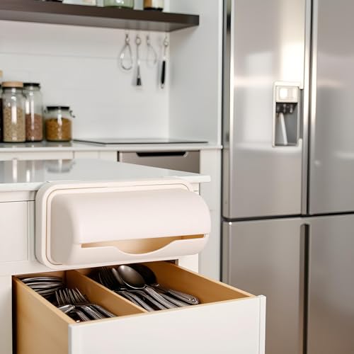 Image of Beige Plastic Trash Bag Dispenser Roll Holder, Trash Bag Holder Dispenser, Kitchen Storage and Organization Accessories, Kitchen Trash Cans