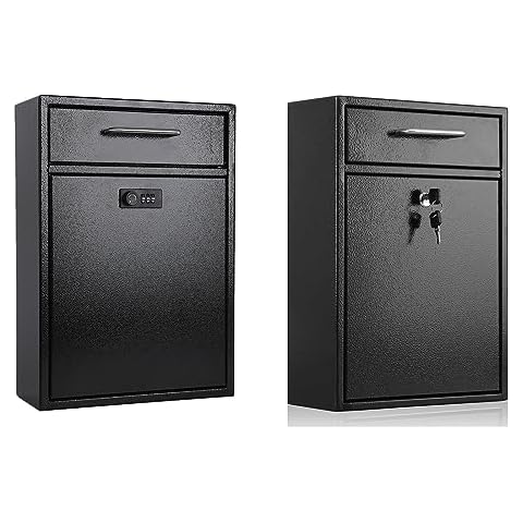 xydled Metal Mailbox Wall Mount, Locking Mailbox with Lock, Large Mailbox with Lock, Hanging Secure Postbox, Security Key Drop Box, Collection Boxes, Black,XL Large Cover