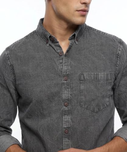 Image of Amazon Brand - INKAST Men Washed Cotton Twill Denim Casual Button Down Shirt | Full Sleeves | Regular Fit | Stylish Summer - Everyday Wear