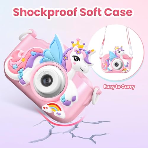 Image of BIGASUO Kids Digital Camera Compact Unicorn Design Selfie Camera Video Recorder Photo Capture Games 64GB SD Card 2.0 Inch Screen for Girls Boys 4+ 5 6 7 8 (1204) (Black, B09)