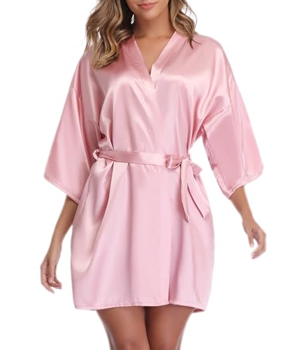 Vlazom Kimono Robe Damen Morgenmantel Kurzer Satin Bademantel Mit Gürtel V-Ausschnitt Kimono(S,Rosa)