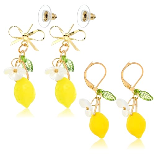 2 Pair Lemon Earrings Yellow Earrings Fruit Earring Cute Earring Lemon Themed Gifts Dangle Hook for Valentines Day Birthday Mothers Day