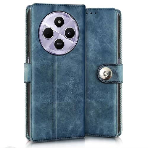 Image of Genuine Leather Finish Flip Back Cover Case for Mi Redmi A4 5G / Redmi 14C 5G / Poco C75 5G / Poco M7 5G | Inbuilt Pockets & Stand | Designer Button Magnet Flip Cover (Faux Leather (Blue)