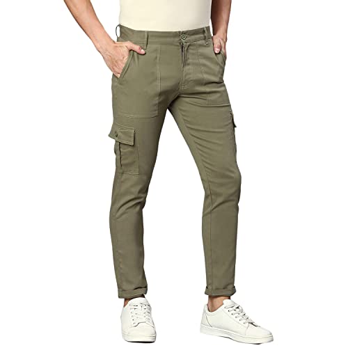 Image of Hubberholme Men's Regular Fit Cotton Trousers with Patch Pockets, Ankle Length Button Closure Cargo Chinos