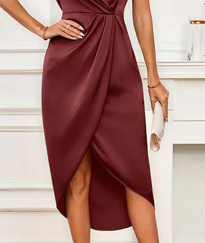 Image of Sexyshine Women's Wrap V Neck Short Sleeve Satin Midi Dress Split Hem Ruched Pleated Formal Evening Party Dresses