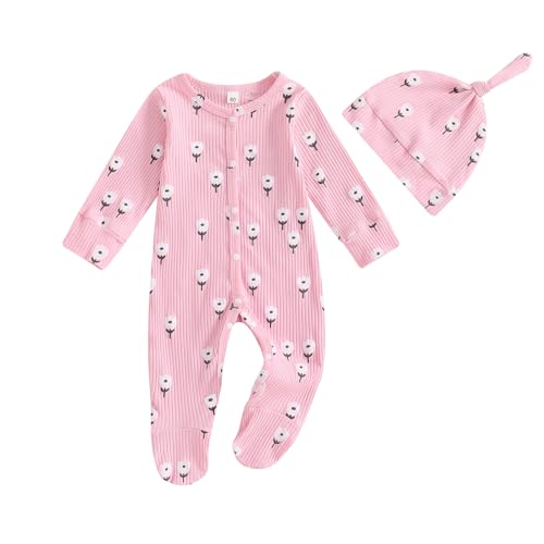 Image of BemeyourBBs Newborn Baby Girl Clothes Floral Baby Sleeper Footie Romper Playsuit with Hat Outfit Floral Pink, 0-3 Months