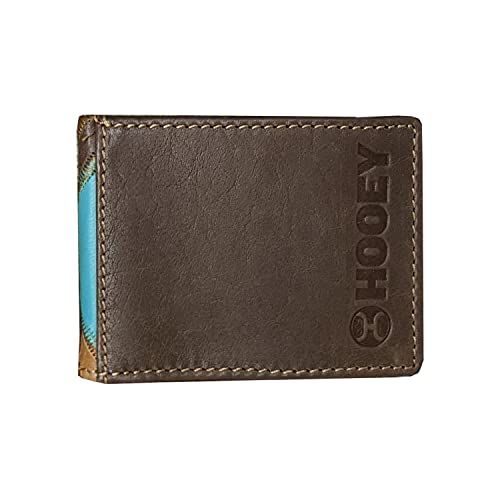 Image of HOOEY Montezuma Men's Leather Bifold Wallet - Brown & Turquoise Patchwork Genuine Leather, Slim Western Wallet with 4 Card Slots & Cash Pocket