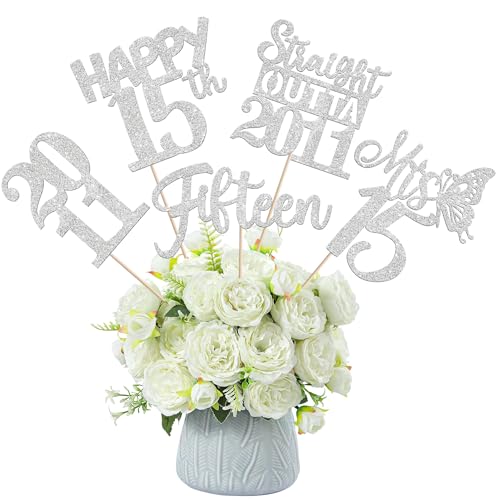 15PCS 15th Birthday Centerpiece Sticks Fifteen Happy 15 Straight Outta 2011 Table Flower Centerpieces Sticks Cheers to 15 Floral Decorations for 15th Birthday Party Centerpieces Supplies Silver
