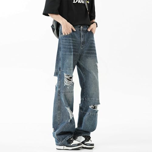 Men’s Ripped Patchwork Jeans Baggy Straight Leg Denim Pants Horizontal Distressed Panels Washed Vintage Look2